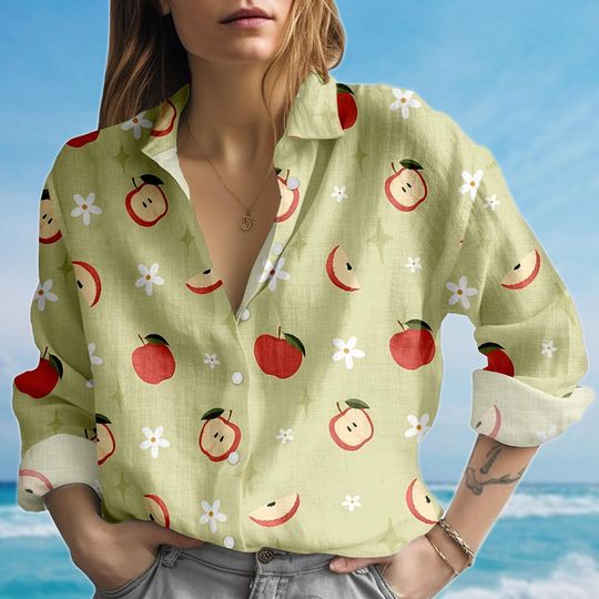 Apple Blouse Shirt, Red Apple Women Shirt, Fruit Floral Casual Shirt, Summer Cottagecore Shirt, Cute Women Blouse, Gift For Her
