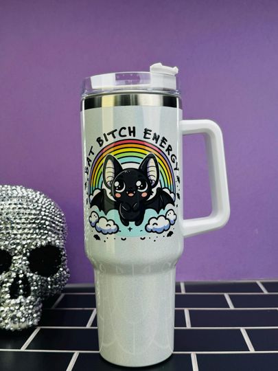 Bat Bitch Energy 40 oz Tumbler, Halloween 40oz Tumbler, Insulated Stainless Steel Cup, Spooky coffee  bat tumbler with handle