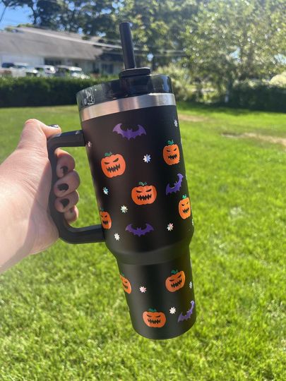 Halloween Cute Drinking 40oz Tumbler | Pumpkin Bats Tumbler | Spooky Drinking Tumbler | Halloween Insulated Cup