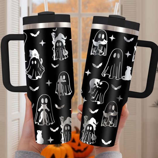 Discover Halloween Ghosts Holding Cats 40Oz Engraved Tumbler, Spooky Cat Stainless Steel Tumbler, Ghosts and Cats Tumbler, Cute Halloween Tumbler