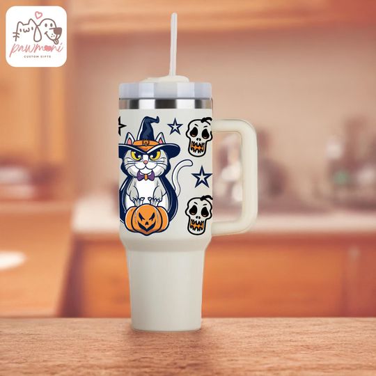 Discover Halloween Cat 40 Oz Drinkware With Bamboo Lid, Cat Lovers 16oz Cup With Handle, Funny Halloween Cat 40 Oz Clear Glass Jar, Halloween Gifts