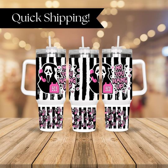 No you hang up SCREAM Tumbler 40 oz Halloween Tumbler Halloween Scary Movie Accessories Cup Hello Halloween Thriller Killer Movie