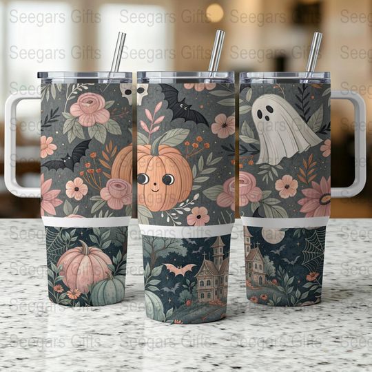 Discover Cute Halloween Tumbler, 40oz Tumbler Wrap Digital Download, Floral Ghost, Bat, Pumpkin Design, Spooky Season, Pink Flowers