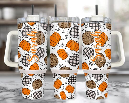 Pumpkin 40 oz Tumbler with Handle: Fall Leopard Print Pumpkin Cup with Straw