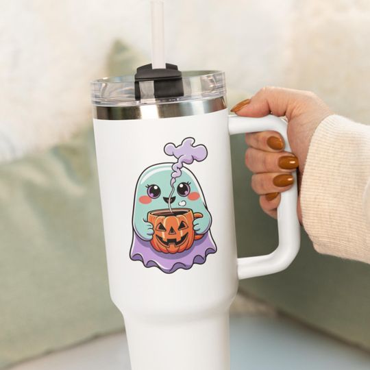 Discover Halloween Tumbler 40 oz Cute Ghost with Pumpkin - Spooky Stanley Cup with Handle and Straw, Insulated Coffee Travel Mug, Gift for Her
