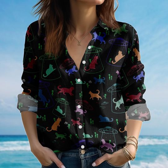 Discover Alien Cat Abduction Blouse Shirt, Ufo Women Shirt, Funny Scifi Cat Shirt, Retro Spacecore Aesthetic Shirt, Casual Shirt, Gift For Her