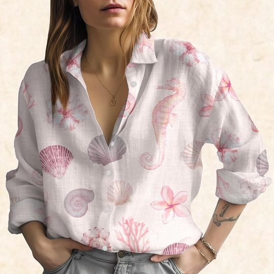 Discover Seahorse Seashell Coral Blouse Shirt, Beach Ocean Women Blouse, Pastel Summer Shirt For Women, Coastal Vacation Outfit, Sea Life Gift