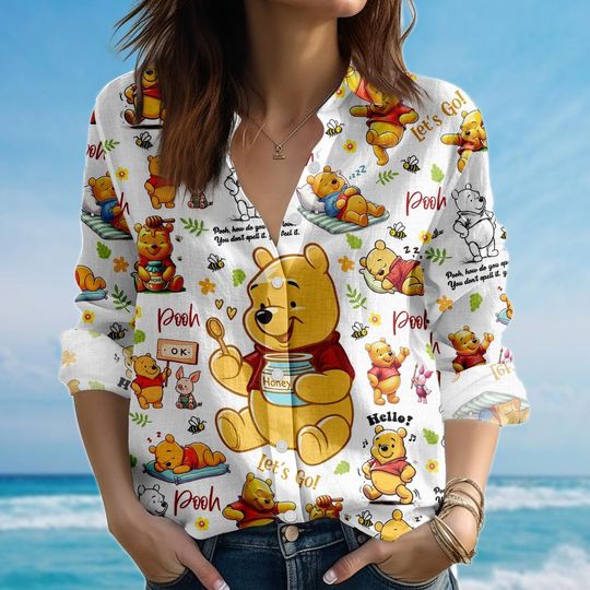Discover Winnie The Pooh Blouse Shirt, Honey Bear Casual Shirt, Classic Pooh Women Shirt, Vintage Cartoon Movie Shirt, Disney Halloween Gift