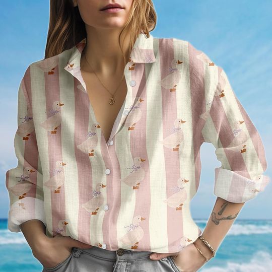 Cottagecore Duck Blouse Shirt, Pink Stripe Women Shirt, Farm Animal Casual Shirt, Kawaii Spring Shirt, Birthday Gift For Her