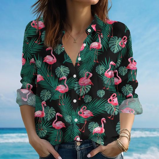 Discover Tropical Flamingo Blouse Shirt For Women, Tropical Bird Print Beach Shirt, Beach Vacation Shirt, Cute Summer Shirt, Gift For Her