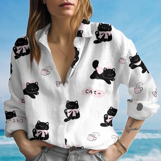 Cute Cat With Bow Blouse Shirt, Cat Lovers Women Button Shirt, Adorable Kitty Floral Shirt, Spring Summer Vintage Shirt, Gift For Her
