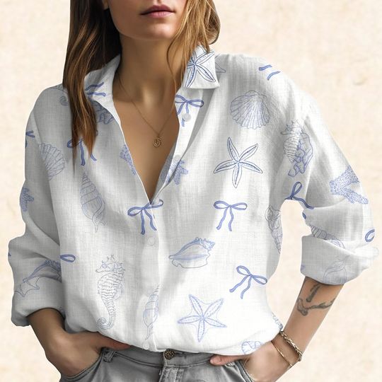 Ocean Seashell Blouse, Starfish Button Women Shirt, Beach Vacation Shirt For Women, Summer Sea Life Outfit, Gift Idea For Her