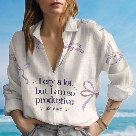Discover I Cry A Lot But Productive Blouse Shirt, Cute Ribbon Women Shirt, Inspirational Quote Blouse, Casual Self Care Shirt, Gift For Her