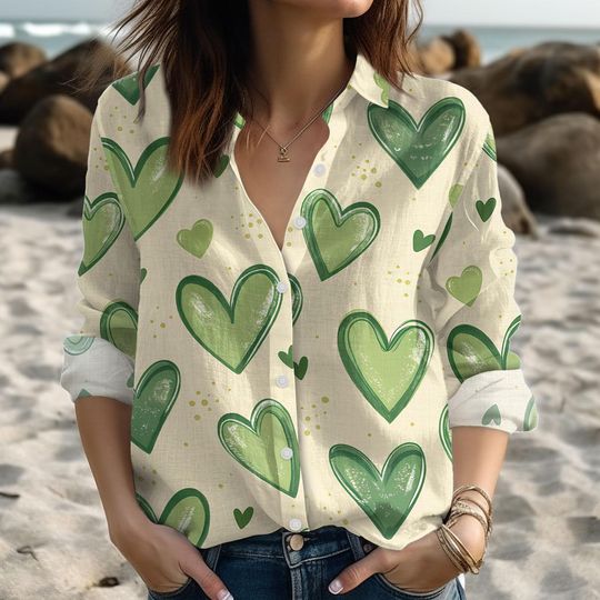 Discover Green Heart Blouse Shirt, Cute Casual Summer Shirt, Funny Heart Women Shirt, Soft Girl Blouse Women Shirt, Gift Idea For Her