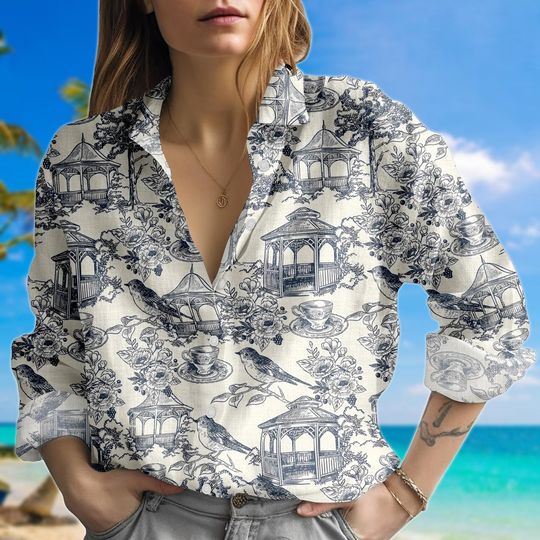Discover Blue Bird Gazebo Shirt, Cottagecore Linen Look Blouse, Teacup Garden Sketch Print, Vintage Nature Button Down