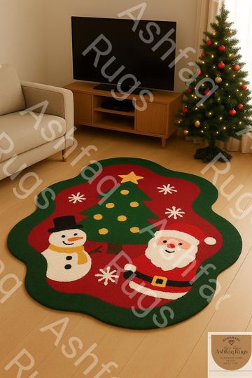 Discover Christmas Shaped Rug with Santa, Snowman, and Tree - Holiday Area Carpet for Living Room and Kids Room