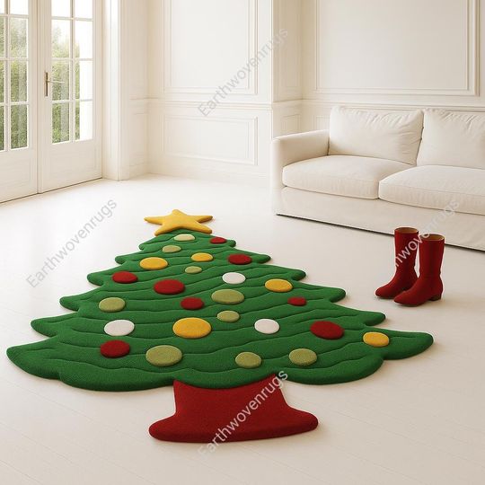 Discover Christmas Tree Wool Rug with Star Ornaments