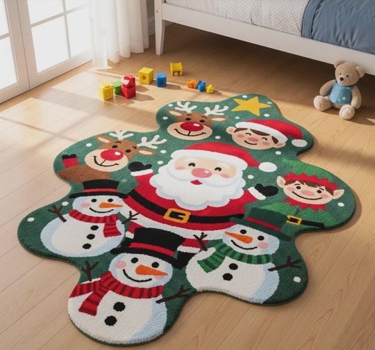 Discover Christmas Kids Rug, Santa Snowman Reindeer Holiday Decor, Wavy Nursery Mat, Winter Playroom Rug