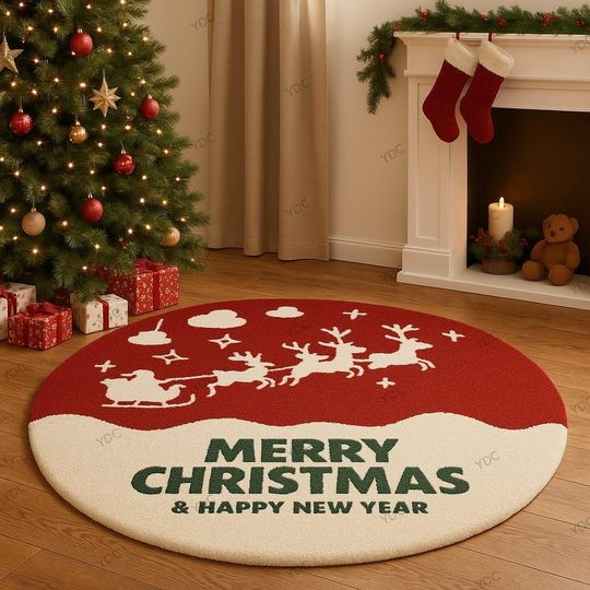 Discover Wool Christmas Rug with Santa Sleigh and Reindeer Design