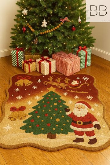 Christmas Rug with Santa and Tree, Festive Plush Area Mat for Kids' Room, Winter Holiday Home Decor