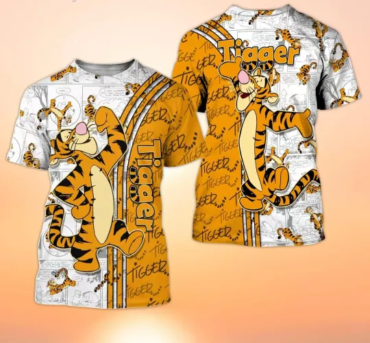 Discover 2025 New Summer Tigger Winnie Pooh Orange Cross Comic Book Patterns Disney Cartoon 3d T-shirt