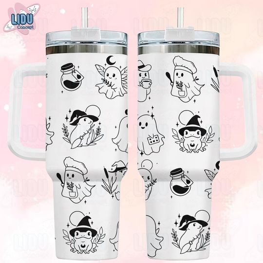Discover Cute Halloween Ghost 40oz Tumbler, Spooky Floral Cup with Handle, Fall Aesthetic 40oz Tumbler Gift for Her, Boo Tumbler, Halloween Gift