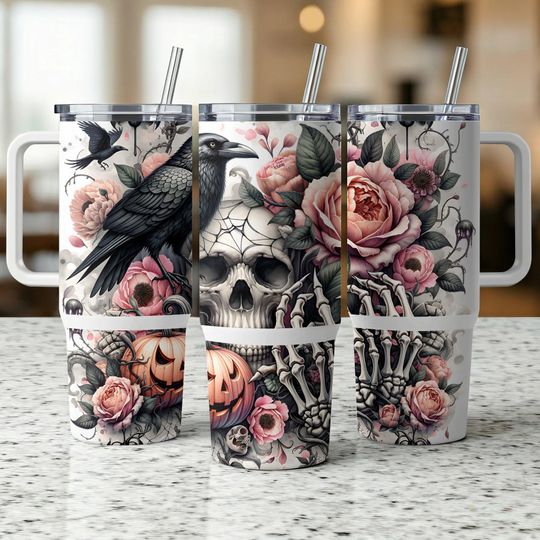 Discover Gothic Skull Raven Pumpkin Floral Tumbler Wrap, 40oz Halloween Tumbler, Spooky Skeleton Floral Cup, 40oz sublimation