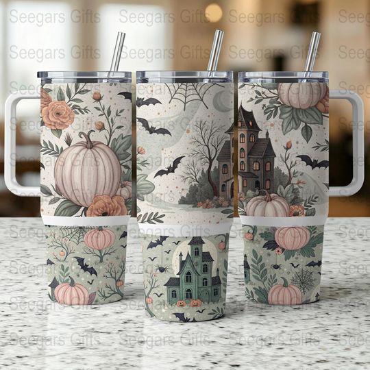 Discover Spooky Halloween Mansion, Bats, Pumpkins , Halloween Tumbler, 40 Oz Tumbler Wrap, Fall Decor, Autumn Design