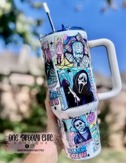 Horror Movie Tumbler: Spooky Slasher Stainless Steel Cup with Handle