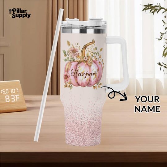 Discover Personalized Pink Pumpkin Tumbler: Floral Fall Travel Mug, 40oz