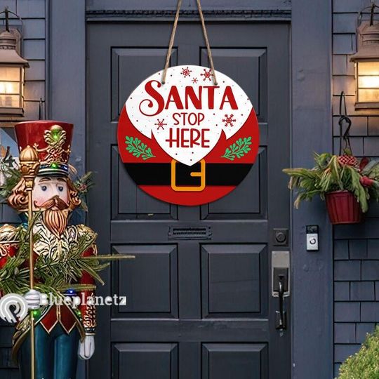 Discover Personalized Christmas Door Hanger, Custom Santa Stop Here Round Wooden Sign, Christmas Door Sign, Home Decor Gift