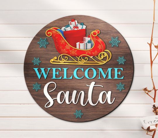 Welcome Santa Sleigh Wood Name Sign  Nursery Room Wooden Home Decor Christmas Winter Round Door Hanger Holiday Gift