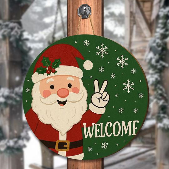 Discover Santa Welcome Sign, Christmas Front Door Decor, Holiday Round Wooden Sign, Cute Santa Wall Hanging, Xmas Porch Decoration, Holiday Decor