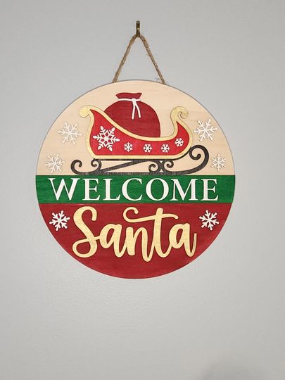Discover Welcome Santa Wood Round Door Sign,