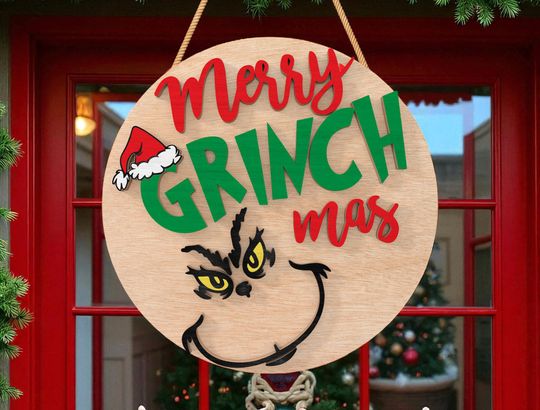 Christmas Door Hanger | Merry Grin Funny Sign | Green Mischief Character with Santa Hat | Holiday Front Door Decor
