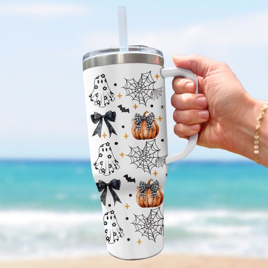 Discover Halloween Ghost 40 Oz Tumbler - Cute Ghost, Pumpkin, Spider Web, Bow Design - Stainless Steel Halloween Cup - Retro Halloween Tumbler