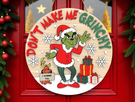 Discover Christmas Door Hanger | Dont Make Me Grin Quote Sign | Green Mischief Holiday Character Wooden Front Door Decor | Funny Seasonal Welcome