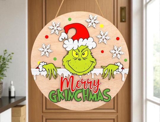 Merry Grin Sign, Funny Christmas Door Hanger, funny character Holiday Porch Decor, Xmas Welcome Sign
