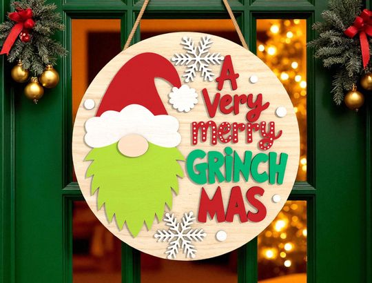 Christmas Door Hanger | A Very Merry Grin Quote Sign | Gnome Santa Hat Wooden Sign | Funny Holiday Front Door Decor