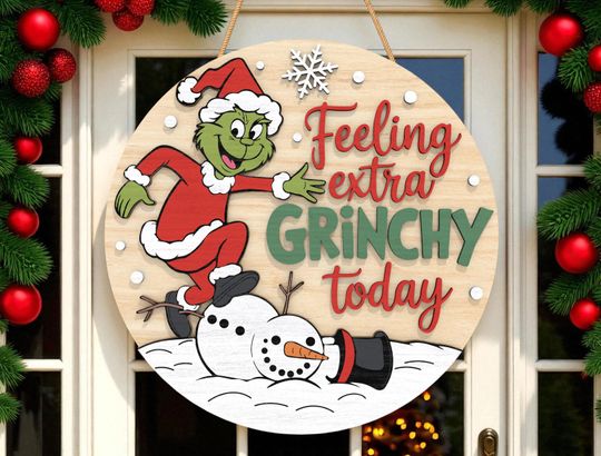 Christmas Door Hanger | Feeling Extra Grin Today Quote Sign | Green Mischief Holiday Character with Snowman | Christmas Front Door Decor