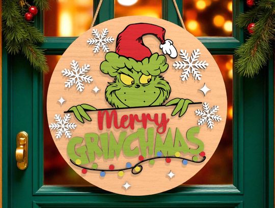 Christmas Door Hanger | Merry Grin Quote Sign | Funny Holiday Wooden Front Door Decor | Festive Christmas Door