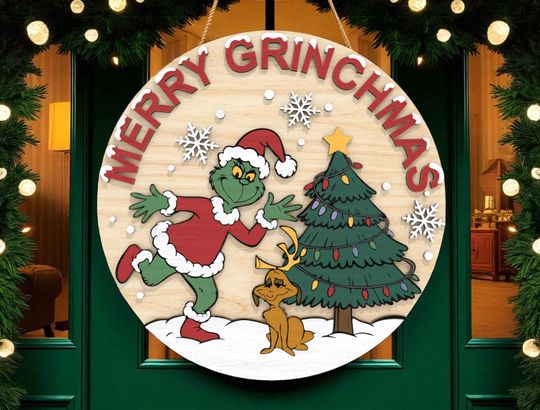 Christmas Door Hanger | Merry Grin Quote Sign | Green Mischief Holiday Character with Dog & Tree Wooden Front Door Decor