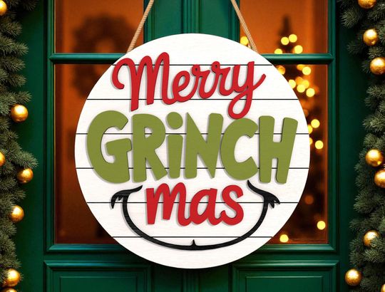 Christmas Door Hanger | Merry Grin Quote Sign | Funny Holiday Wooden Front Door Decor | Rustic Christmas Door