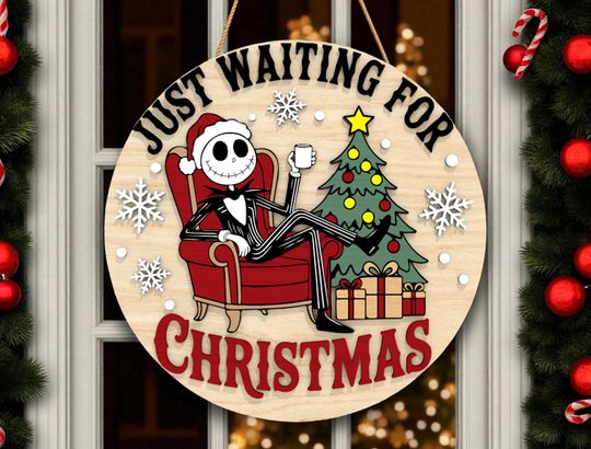 Christmas Door Hanger | Just Waiting For Christmas Quote Sign | Skeleton Character Wooden Front Door Decor | Festive Seasonal Welcome