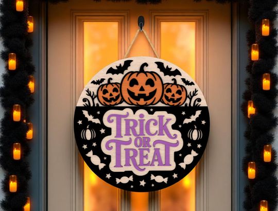 Discover Halloween Door Hanger | Trick or Treat Pumpkin Sign with Candy and Bats | Wooden Round Front Door Decor | Spooky Fall Porch Decoration