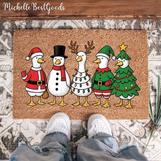 Discover Christmas Goose Doormat, Funny Holiday Welcome Mat with Santa Snowman Reindeer Tree Geese, Farmhouse Xmas Front Porch Decor Gift