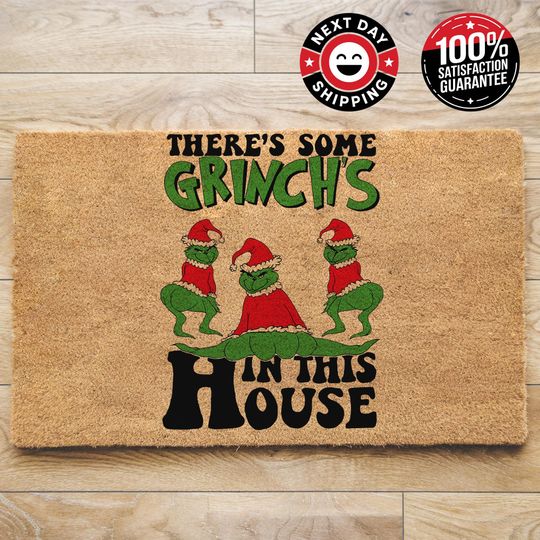 Discover There's Some Grinchs In This House Doormat, Christmas Doormat, Christmas Gift, Cool Gift, Christmas Decor, Holiday Doormat, Funny Gift