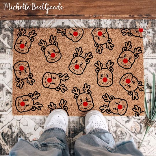 Reindeer Welcome Doormat, Christmas Flocked Coir Rug, Cute Holiday Welcome Mat, Funny Xmas Entry Rug for Home, Funny Rudolph Coir Mat
