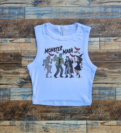 Discover Monster Dracula Baby Tee, Retro Horror Mummy crop tank, Munster Mash Crop Top, Fall Monster, Frankenstein Dracula Mummy Witch tee black