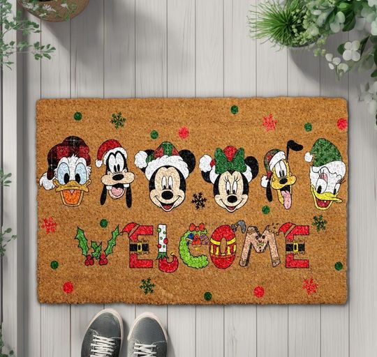Disney Christmas Doormat, Mickey & Friends Xmas Welcome Mat, Holiday Home Decor, Winter Season Front Porch Coir Rug, Cozy Housewarming Gift